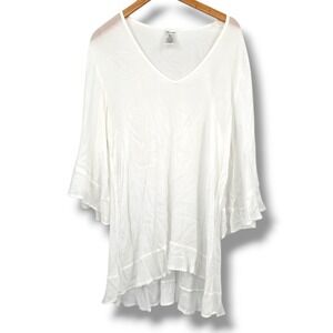 Anne‎ Cole White Tunic Top Bell Sleeve Ruffle Hem V Neck Cover Up M/L